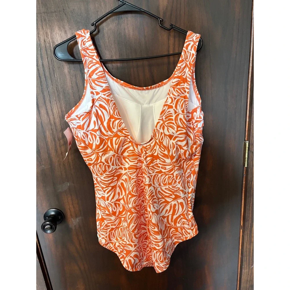 Lands End Womens Orange White Tropical Leaf One Piece Swimsuit 22W NEW